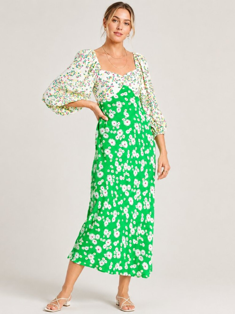 RIXO x Target NEW Green Daisy Blouson Sleeve Midi Swing Dress SZ 12 Cottagecore